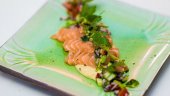 Lachs roh mit scharfer Gurke und Hummus