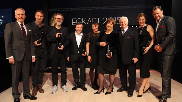 BMW Group -- Von Links: Friedrich Eichiner, Claus Meyer, Massimo Bottura, Michel und Marie-Pierre Troigros, Ulrike Thieltges, Eckart Witzigmann, Melanie Wagner und Klaus Erfort